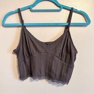 American Eagle Ribbed Cropped Tank Bralette Gray Lace Hem Size Medium
